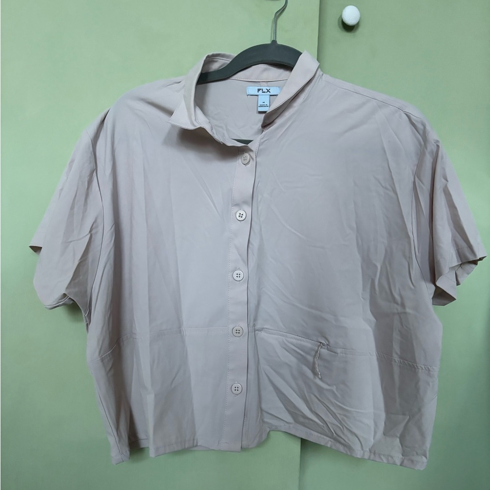 FLX Women's Short-Sleeve Button Down Top in Light Beige